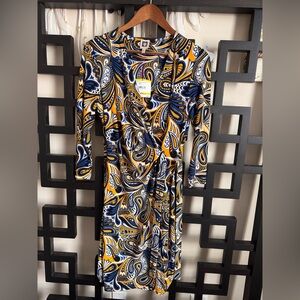 NWT Anne Klein Paisley Wrap Dress in Navy, Mustard & White
